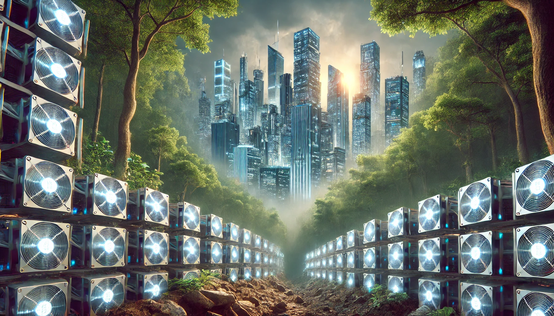 A dense forest being encroached upon by a futuristic cityscape with towering skyscrapers and numerous glowing cryptocurrency mining rigs.