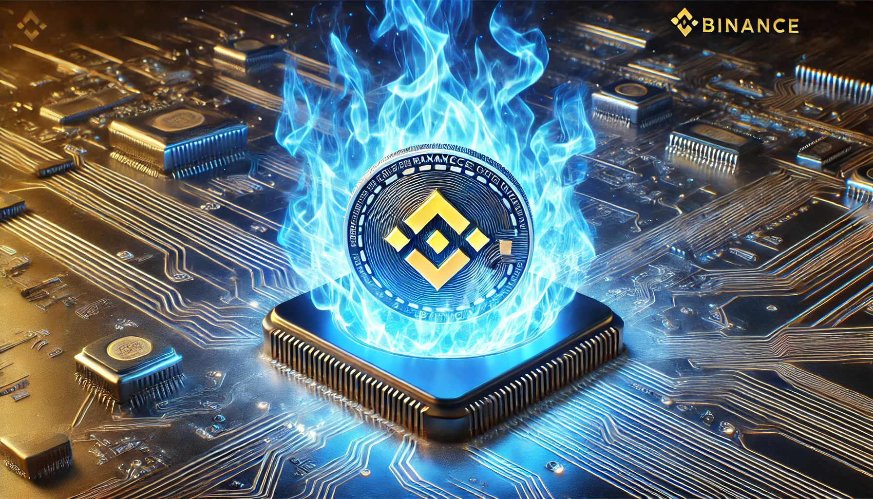 A digital coin engulfed in blue flames